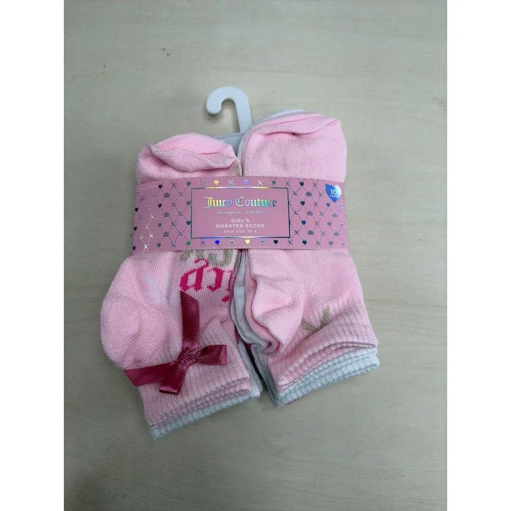 Juicy Couture Girls Quarter Socks 10 Pair Pack Pink White Grey Shoe Size10-4 NEW